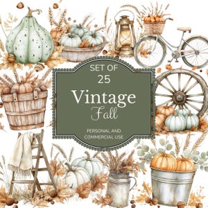 Conjunto de imágenes prediseñadas de otoño vintage / 25 PNG con temática otoñal / Calabazas, hojas de otoño, elementos rústicos / Perfecto para manualidades, invitaciones y proyectos de bricolaje