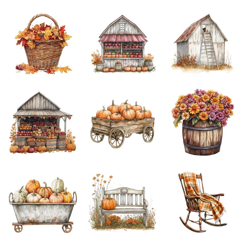 Rustic Autumn Clipart Set: Fall Foliage Illustrations (digital Download ...
