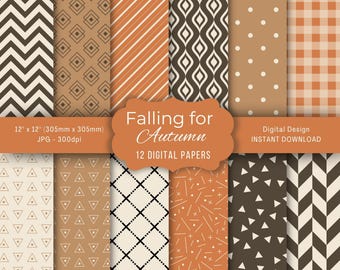 May include: A collection of 12 digital papers with autumn-themed patterns. Designs include chevrons, diamonds, stripes, and polka dots in shades of brown, orange, and cream. The papers are 12 x 12 inches (305mm x 305mm) and are available for instant download.