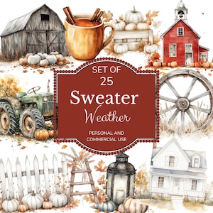 Peut inclure: Un ensemble de 25 illustrations aquarelle représentant des scènes automnales, notamment une grange rouge, une ferme, un tracteur, des citrouilles, une lanterne, une roue et une tasse de cidre chaud. Le texte "Set of 25 Sweater Weather Personal and Commercial Use" est affiché sur une bannière rouge.