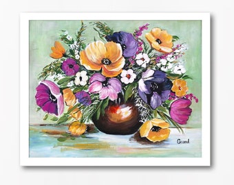 Blomstervasmålning, original akrylstilleben på duk, brittisk konst