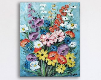 花の油絵：花瓶に入った明るい夏の花束、オリジナルアート（5 x 7