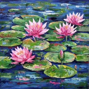 Water Lily Pond Painting, Original Oil Painting on Canvas, 60x60cm Framed, Impressionist Artwork