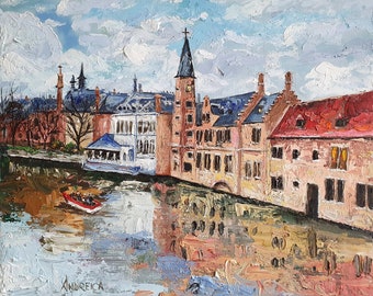 City painting, Bruges Belgium oil painting on canvas, City Landscape and river artwork. West Flanders town scenery Original impasto artwork