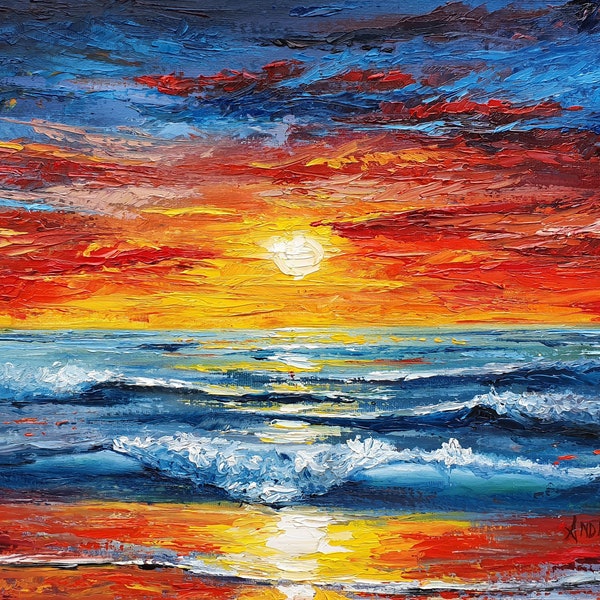 Small oil painting on canvas. Sunset seascape original oil artwork, knife painting