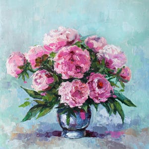 Peonies Bouquet Oil Painting - Palette Knife Art - Framed Floral Canvas 50x50cm