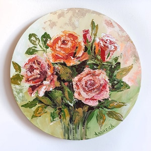 Round canvas with roses. Roses painting. Round painting acrylic on canvas Original Artwork. Contemporary fine art with palette knife.