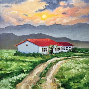 Sonnenuntergang auf dem Bauernhof – Original Ölgemälde auf Leinwand, Haus in Bergen, Dorf Malerei, einsames Haus