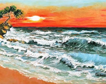 Sunrise painting on canvas in oil. Original seascape, sunrise oil painting. Landscape on canvas, beach and waves, contemporary seascape art