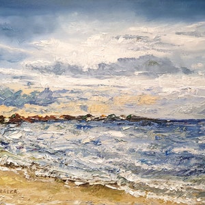 Impasto Oil Painting, Artistic Masterpiece of Sea Waves - Coastal Home Decor, Cloudy day at the seaside at Netherlands Shore