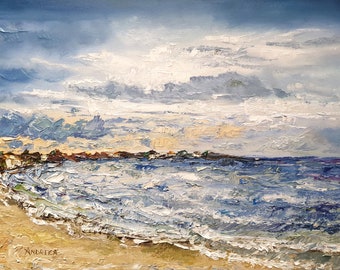 Impasto Oil Painting, Artistic Masterpiece of Sea Waves - Coastal Home Decor, Cloudy day at the seaside at Netherlands Shore