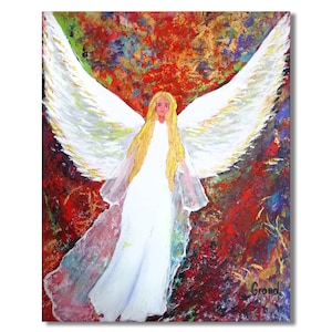 Guardian Angel 2 - Original Acrylic Painting on Canvas, 50x40 cm, Flying angel with open wings, angel painting, gift idea,