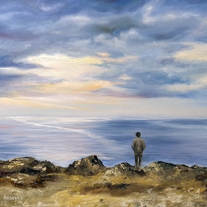 Newquay cliffs Seascape oil painting on canvas. Man on cliffs. Sea with cliffs. Original landscape artwork. Ocean painting. English channel