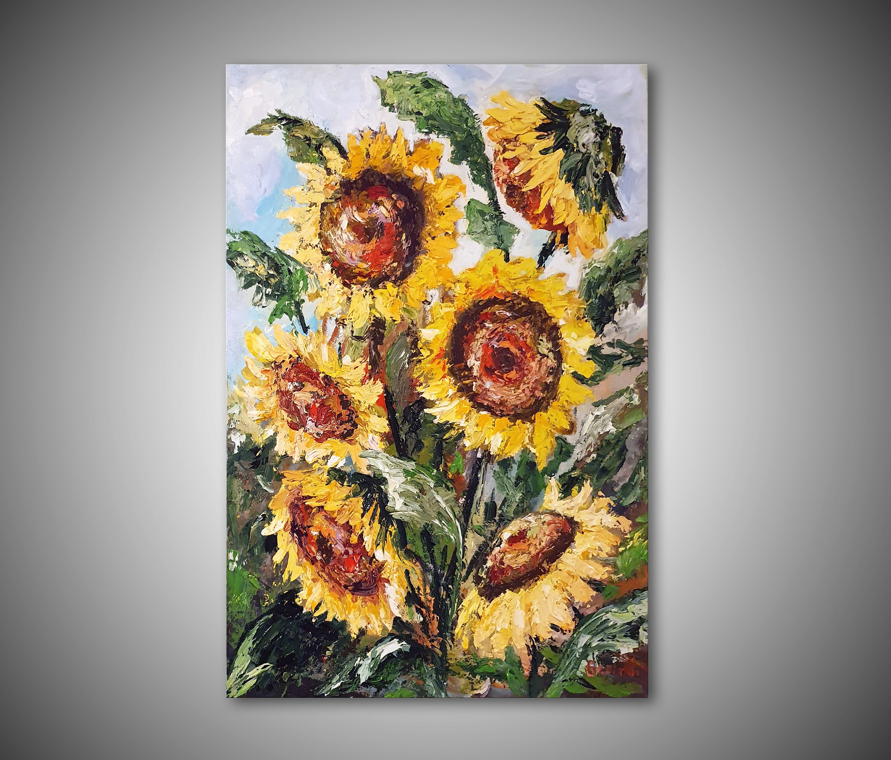 Original Sunflower Oil Painting on Canvas, Palette Knife Floral Wall ...