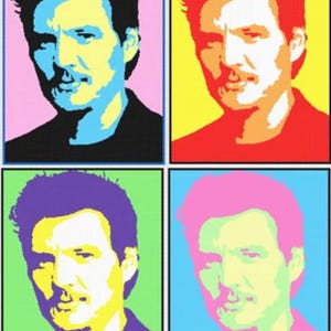 May include: A pop art style image of a man's face in four different color combinations. The man has dark hair, a mustache, and a serious expression. The colors are pink, blue, yellow, orange, green, and purple.