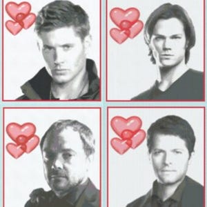 May include: Four black and white images of men's faces with pink hearts in the corner of each image.