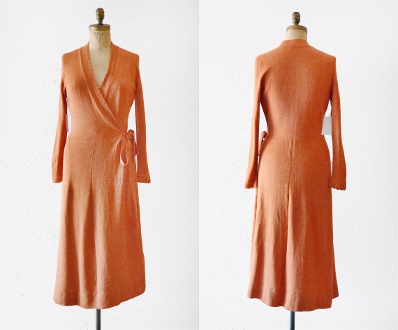 1970s Peach Knit Wrap Dress / vintage peach simple