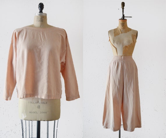 1970s Cotton Pant Set / vintage pink pant and blou