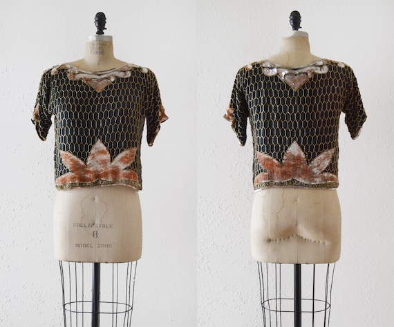 1970s Sequin Crop Blouse / vintage heart beaded to