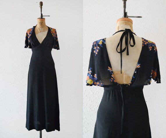 1970s Black Open Back Dress / vintage floral maxi