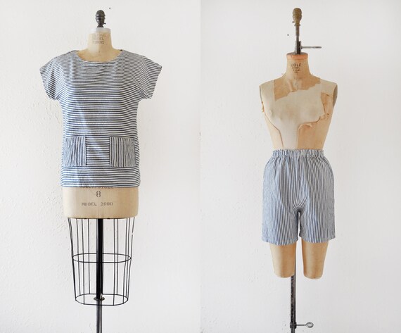 1960s Seersucker Play Set / vintage striped top an