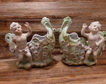 Set of Two Cherub Planters , vintage planters, 1950s