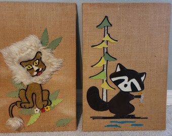 Set of Two Vintage Wall Decor, 1960s-1970s art on burlap