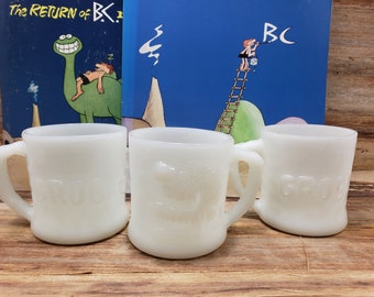 Three Grog Mugs, Milk glass, BC comics, Johnny Hart, 1970s -80s