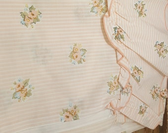Ruffled Twin Flat Sheet, Pink Stripe, 1970s, vintage bedding