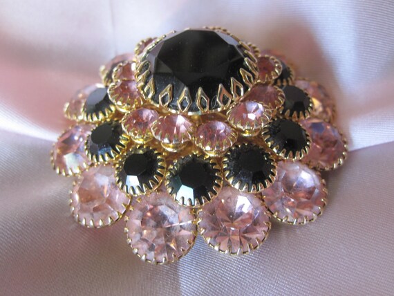 PINK and BLACK CZECH Glass Tiered Brooch - image 7