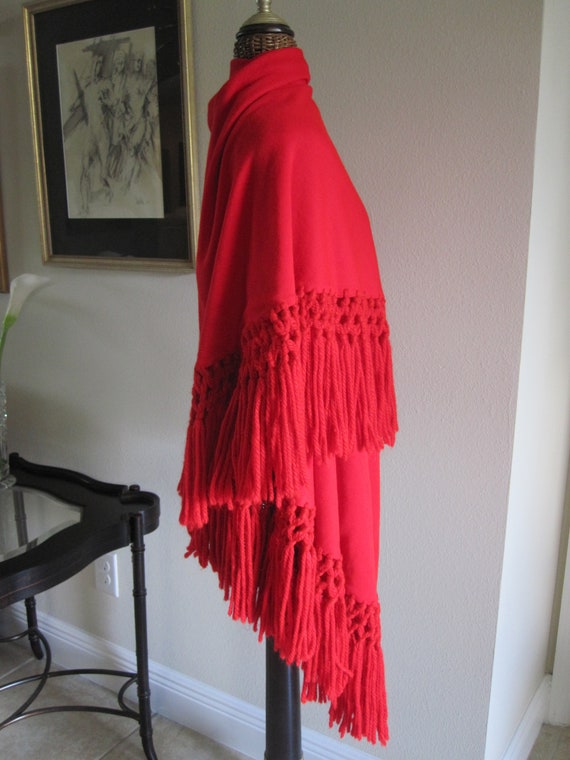 RED WOOL SHAWL With Hand Knotted Fringe - image 2