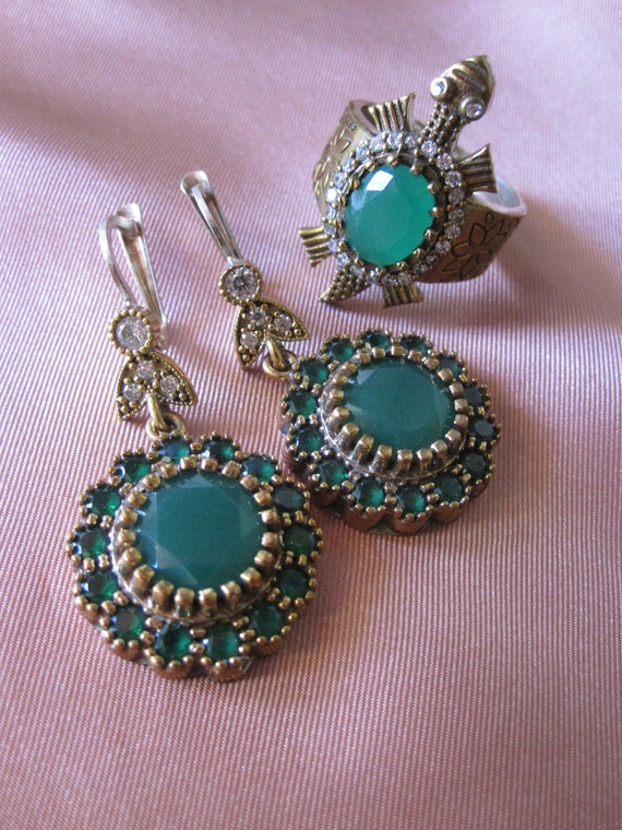 Sterling EMERALD RHINESTONE TURTLE & Earrings Set