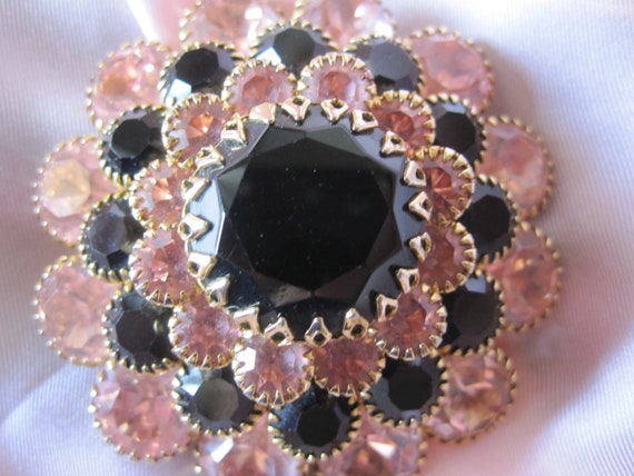 PINK and BLACK CZECH Glass Tiered Brooch - image 4