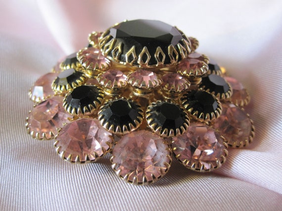 PINK and BLACK CZECH Glass Tiered Brooch - image 3