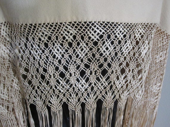 CREAM WOOL CREPE Shawl With Silk Ribbon Fringe - image 6