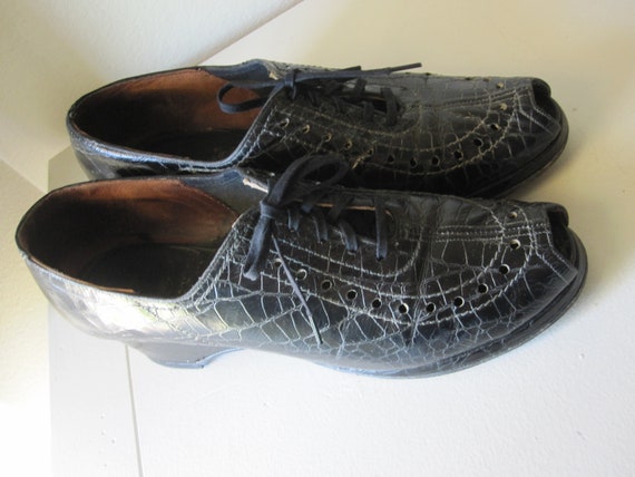 BLACK PEEP TOE Wedge Shoes Size 8M Circa 1920s - image 5