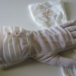 ELEGANT WHITE Cuffed Nylon Gloves With Rhinestone Buttons