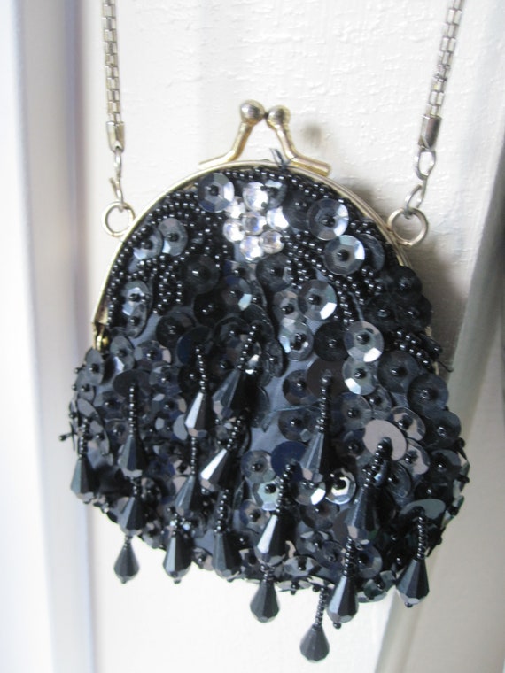 SMALL BLACK BEADED Sequin Purse - image 1