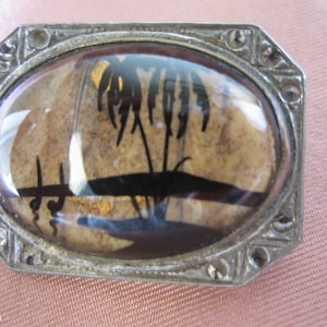 Antique REVERSE GLASS BUTTERFLY Wing Marcasite Brooch