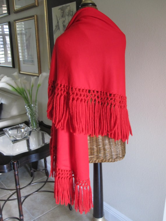 RED WOOL SHAWL With Hand Knotted Fringe