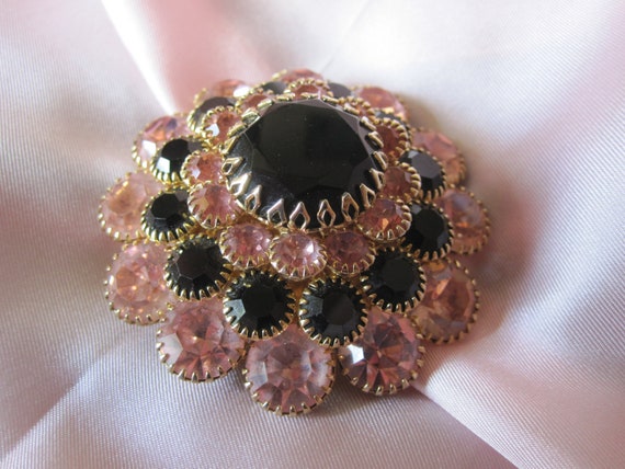 PINK and BLACK CZECH Glass Tiered Brooch - image 8