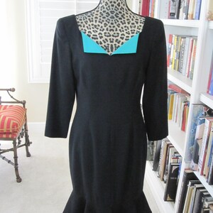 BLACK WOOL TRUMPET Dress with Teal Satin Accent