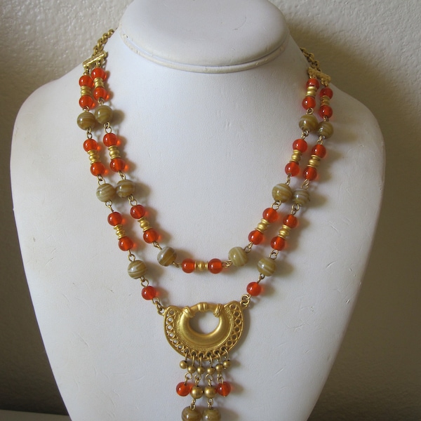 ASIAN ORANGE & Gold Glass Bead 2 Strand Necklace Signed NCA