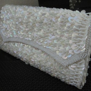 CREAM BEADED Sequin Clutch Purse Hong Kong Circa 1960s