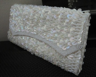 CREAM BEADED Sequin Clutch Purse Hong Kong Circa 1960s