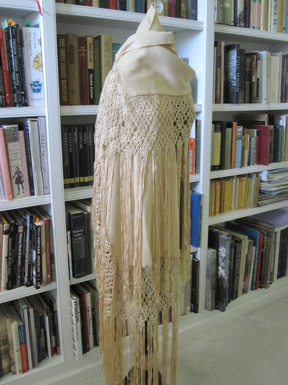 CREAM WOOL CREPE Shawl With Silk Ribbon Fringe - image 7