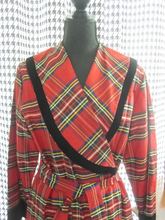 RED PLAID SILK & Velvet Robe