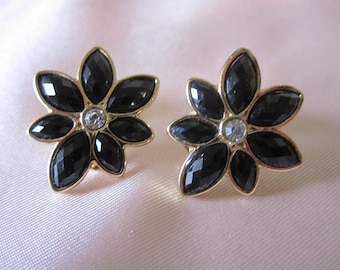 BLACK FLOWER  Rhinestone Clip Earrings Signed NWH
