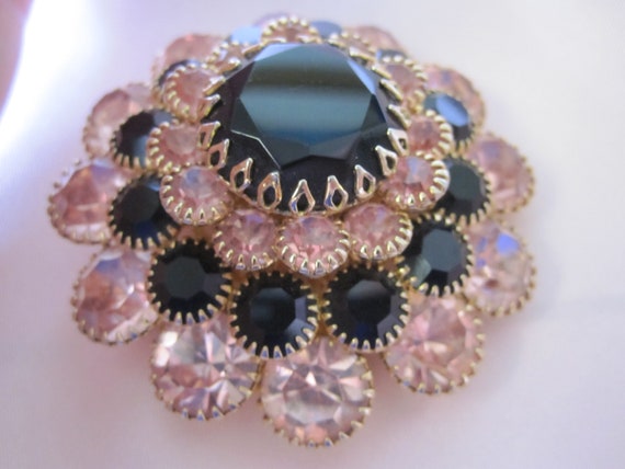 PINK and BLACK CZECH Glass Tiered Brooch - image 9