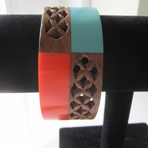 WIDE WOOD & PLASTIC Orange and Turquoise Bangle Bracelet